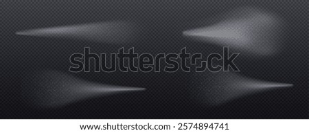 Vector water spray mist collection - realistic transparent dispersed droplets, foggy white splashes, different shapes and densities of aerosol clouds on dark background for cosmetic product effects.