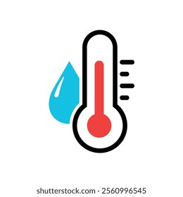 Vector Water Temperature Indicator Silhouette Flat Icon Design on White Background. Humidity Level Sign. Drop of Water with Thermometer.	
