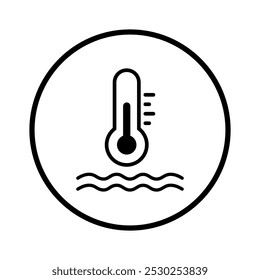 Icono plano del termómetro de agua del Vector en círculo de línea sobre fondo blanco. Indicador de temperatura del agua Signo para piscina, agua de mar, sistema de acondicionador de temperatura. 