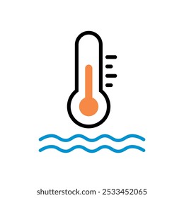 Vektor Wasserthermometer Flatline farbiges Symbol auf weißem Hintergrund. Wassertemperaturanzeiger für Pool, Meerwasser, Temp Conditioner System.	