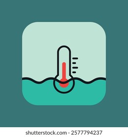 Vector Water Thermometer Square Shape Flat Solid Icon on Turquoise Background. Water Temperature Indicator Silhouette Sign for Pool, Sea Water, Temp Conditioner System.