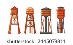 Vector Water Towers, Tall, Elevated Metal Constructions Used To Store And Distribute Water To Surrounding Areas