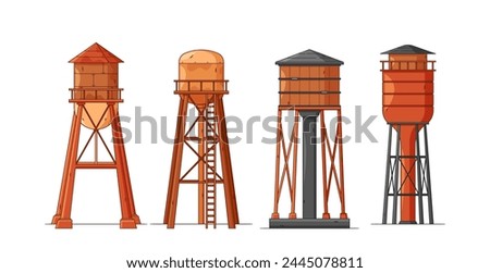 Vector Water Towers, Tall, Elevated Metal Constructions Used To Store And Distribute Water To Surrounding Areas