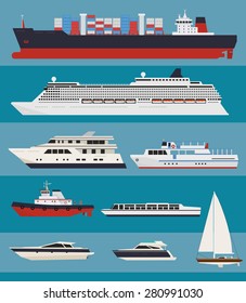 Vector water transport. Cargo ships, cruise ships, tug boats, yachts