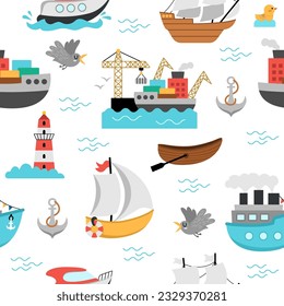 Vector water transport seamless pattern. Funny nautical transportation repeating background with ship, boat, steamship, yacht for kids. Cute marine vehicles texture with anchor, lighthouse, seagull
