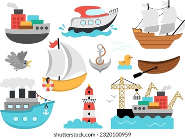 Vector water transport set. Funny nautical transportation collection with ship, boat, steamship, yacht, seaport clip art for kids. Cute marine vehicles icons with anchor, lighthouse, seagull