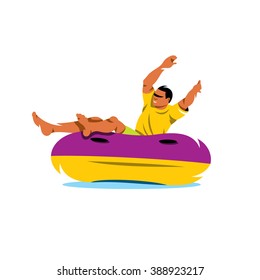 Vector Water Tube riding Cartoon Illustration. The man in the yellow shirt is riding on an inflatable tube on the water. Branding Identity Corporate Logo isolated on a white background