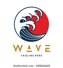 Vector Water Wave Japanese Style Circle logo Template Isolated on White Background