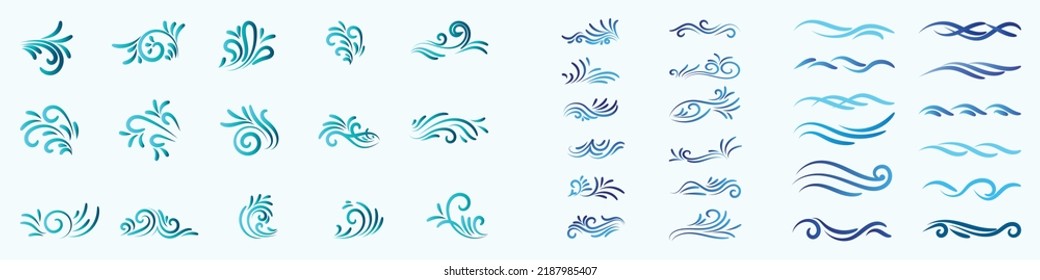 Vector water waves, Aqua waves background, Ocean and sea waves, Water wave icon vector illustration, Sea waves sketch. Storm wave, vintage and ocean beach storms hand drawn vector illustration set.
