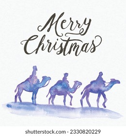 Vector watercolor of the 3 wise men and Merry Christmas lettering