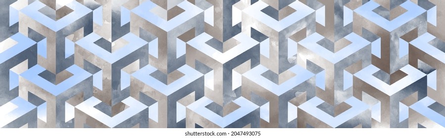 Vector watercolor 3D pattern with optical illusions. Cubes. Op Art. Hand drawn abstract vector illustration for background, cover, interior decor. Psychedelic geometric design. Wallpapers. 3D Tiles.