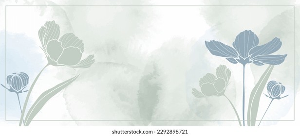 Vector watercolor abstract background in green and blue colors with flowers. Background for text, photos, covers, decor, postcards and presentations, business cards