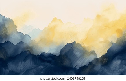 Vector watercolor abstract background, navy blue and mustard yellow colors