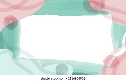 Fondo abstracto de acuarela vectorial en un estilo moderno. Plantilla, banner, tarjeta, afiche. Dibujo manual. Color rosa y verde pastel. Fondo blanco. 
