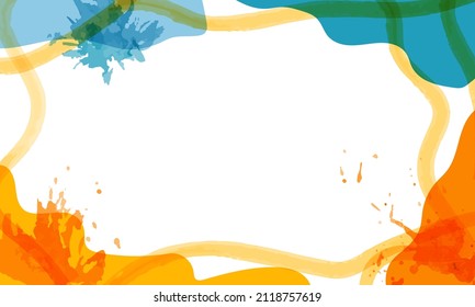 Fondo abstracto de acuarela vectorial en un estilo moderno. Plantilla, banner, tarjeta, afiche. Dibujo manual. Color naranja y azul. Fondo blanco. 
