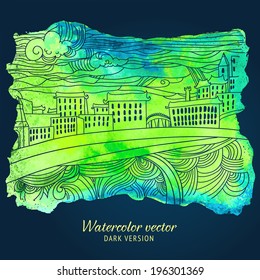 Vector watercolor abstract cityscape. Hand drawing invitation. Colorful card.