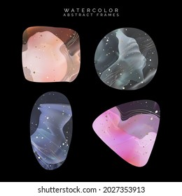 Vector Watercolor Abstract, Gemstone, Galaxy or Marble Background, Graphic Element or Frame Drawing with Gold Foil Effect in Square, Triangle, Circle and Oval Shape. Pink, Green, Orange and Blue.