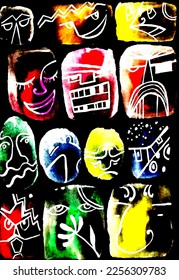 Imagen abstracta de la acuarela vectorial de varios caracteres y expresiones faciales en un fondo negro