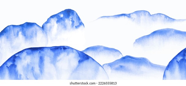 Vector watercolor abstract scenery. Foggy mountains, peaks. Misty landscape.