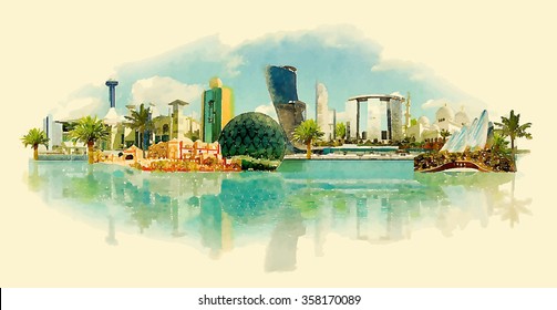 vector watercolor ABU DHABI city illustration    