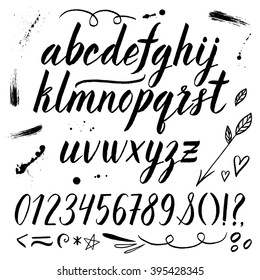 Vector Watercolor Alphabet With Numbers, Ampersand, Arrow, Heart, Leaves. Hand Drawn Ink Font.