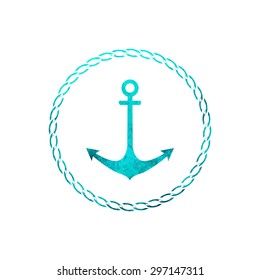 Vector watercolor anchor with rope border isolated on white.