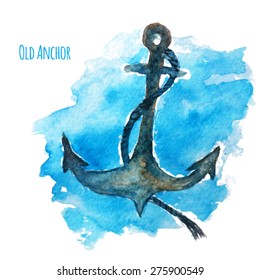 Vector watercolor ancient anchor with blue ocean background. EPS10.
