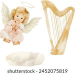 Vector watercolor, angel and harp. Baptism. Greeting cards, invitation, wedding card, save the date and celebration, anniversary, birthday, party, event, holidayand print.