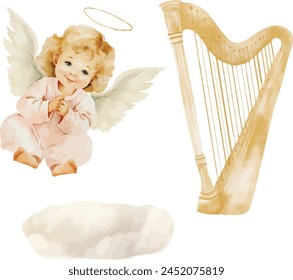 Vector watercolor, angel and harp. Baptism. Greeting cards, invitation, wedding card, save the date and celebration, anniversary, birthday, party, event, holidayand print.