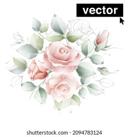 Vector watercolor arrangements with beautiful pink roses. Set of flowers, buds, leaves. Botanical illustration isolated on white background perfect for wedding invitations, greeting cards, eco posters