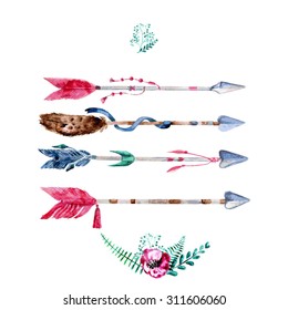 Vector Watercolor Arrow Set  With Hand Painted Leaves. Watercolor Leaf Branch backdrop. Text Frame.