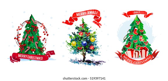 Vector watercolor artistic christmas tree isolated on white background. Xmas and new year fir tree decoration element hand drawn illustration. Good for christmas design.