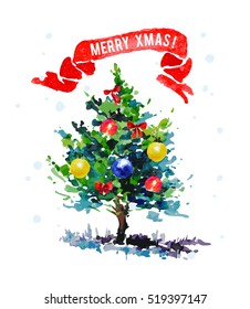 Vector watercolor artistic christmas tree isolated on white background. Xmas and new year fir tree decoration element hand drawn illustration. Good for christmas design.