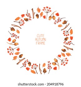 Vector watercolor autumn frame. Vector illustration. Background. Wreath made of hand drawn leaves, acorns and berries. Endless texture can be used for printing onto fabric and paper or scrap booking.