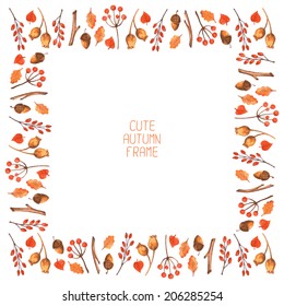 Vector watercolor autumn frame. Illustration. Background. Cute wreath made of hand drawn leaves, acorns and berries.  Endless texture can be used for printing onto fabric and paper or scrap booking.