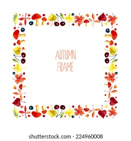 Vector watercolor autumn frame. Vector illustration background. Made of hand drawn leaves, chery and mushrooms. Place for your text.