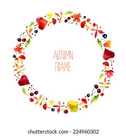 Vector watercolor autumn frame. Vector illustration background. Made of hand drawn leaves, chery and mushrooms. Place for your text.