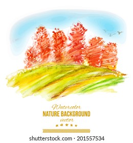 Vector watercolor autumn illustration. Abstract forest with orange trees. Nature hand drawing background.