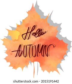 vector watercolor autumn leaf with lettering hello autumn background