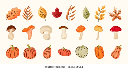 Vector watercolor autumn set of colorful fall leaves, mushrooms, and pumpkins. Perfect for seasonal cards, labels, invitations, Thanksgiving designs, and cozy autumn decorations