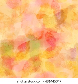 A vector watercolor background with abstract golden yellow and pink skeleton leaves, faded and toned