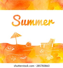 Vector watercolor background with beach attributes drawn in doodle style. Bright orange card with Summer inscription.