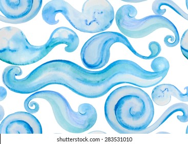 Vector watercolor background with blue sea waves. Seamless vector pattern.