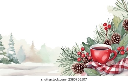 Vector watercolor background, border, corner for design, winter mood, coffee, cozy