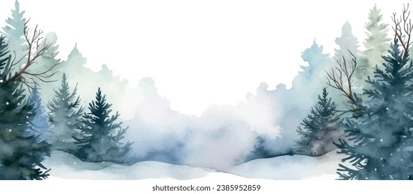 Vector watercolor background, border snow covered tree, winter, for design