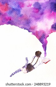Vector watercolor background. Colorful abstract texture.Vector watercolor boy with book. Boy. Watercolor creative concept. Vector concept - creative person. Creative artist. Imagine. 