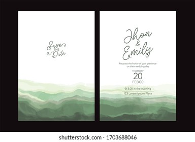 Vector watercolor background, elegant simple card templates. green color backdrops. Watercolor feminine wedding and save the date cards. Party, baby shower templates. 