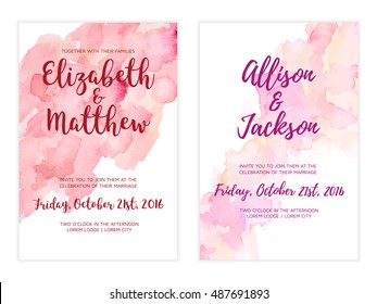Vector watercolor background, elegant simple card templates. Patel color backdrops. Watercolor feminine wedding and save the date cards. Party, baby shower templates.