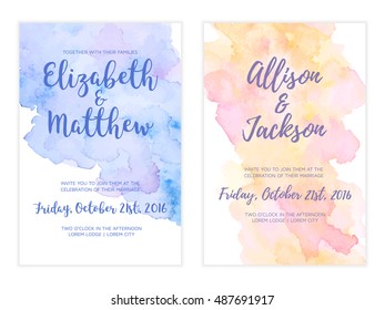 Fondo de color de agua vectorial, elegantes y sencillas plantillas de tarjeta. Fondo de color pastel. Acuarela boda femenina y guarda las tarjetas de cita. Fiesta, modelos de ducha para bebés.