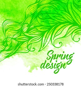 Vector watercolor background with feathers and leaves.